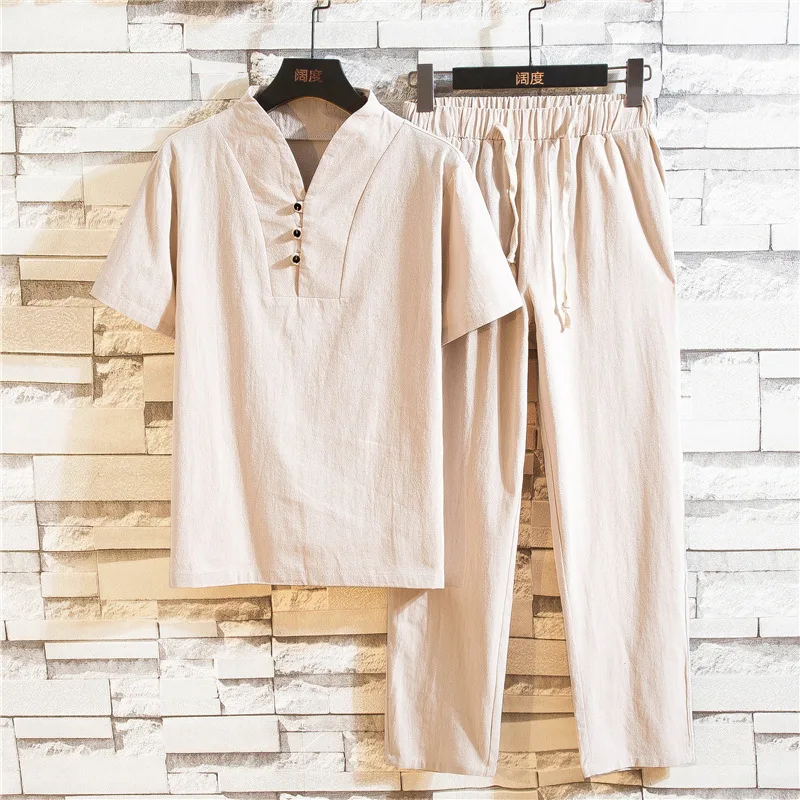 Summer Cotton and Linen Casual Suit V-neck Short-sleeved T-shirt Elastic Waist Tie Trousers Solid Color Suit