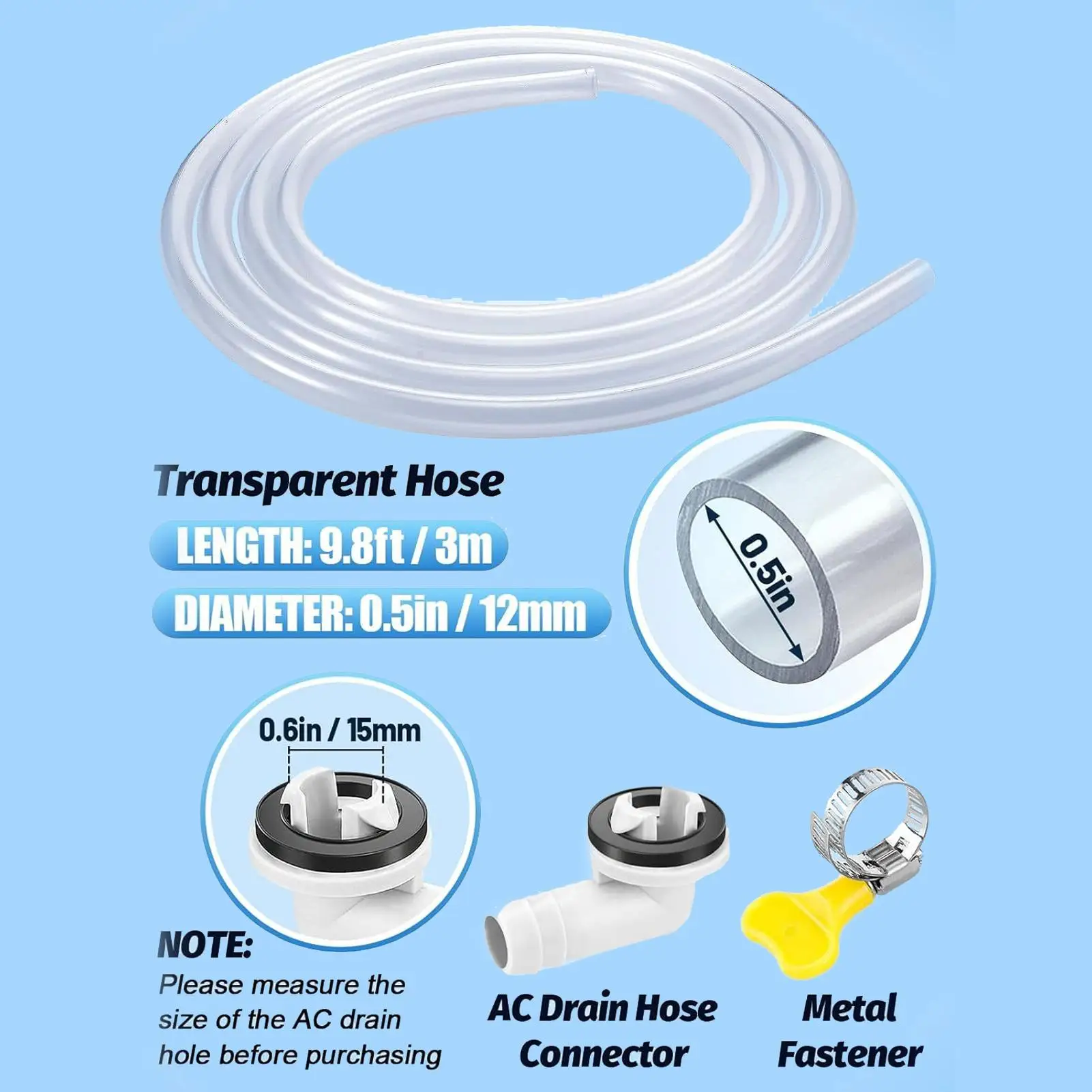 Manguera De Drenaje Para Aire Acondicionado – 12 Mm De Diámetro, Transparente, Incluye Conector Y Cierre