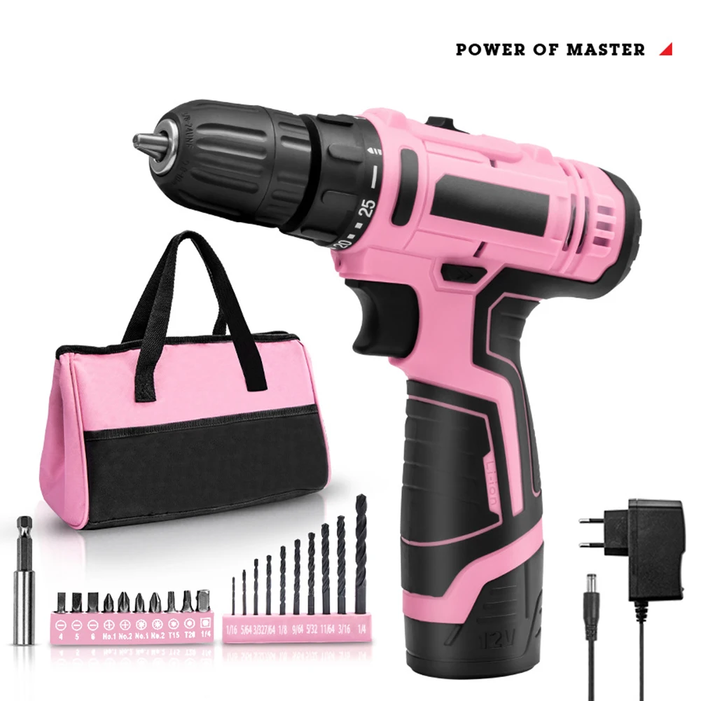 

14 Piece Pink Cordless 12V Lithium-ion Drill Driver Set House Repairing Tool With Storage Bag Home Maintenance Tool Kit