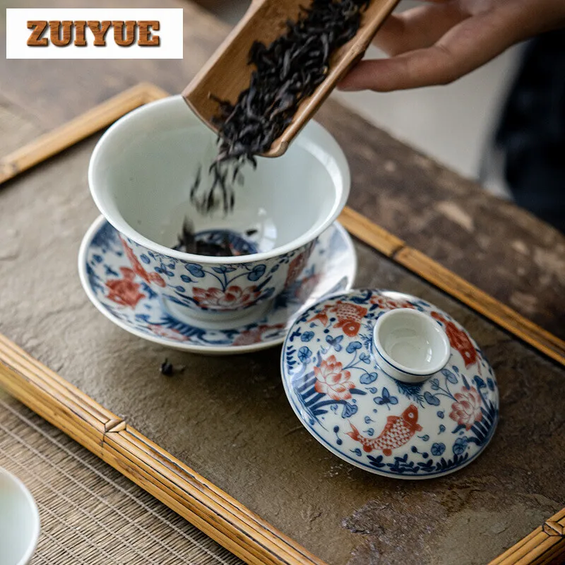 180ml Jingdezhen Blue and White Gaiwan Retro Fish Lotus Traditional Tea Tureen Tea Maker Cover Bowl Chinese Set Ornaments