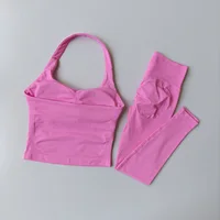 Sexy Halter Neck Beautiful Back High Waist Peach Sports Bras Leggings Suit Pilates Gathering Yoga Vest Training Fitness Bra Sets - Image 3