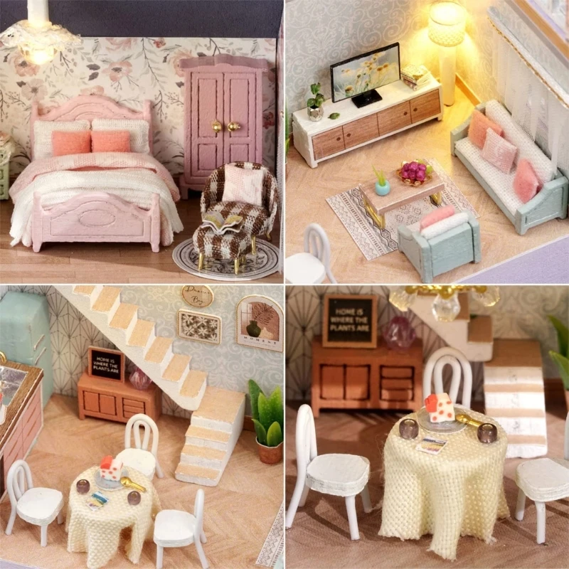 Wood Dollhouse DIY Miniature Furniture Kits Mini Handmade Craft House Model with LED Light Dollhouse Toy for Teens Adult 4