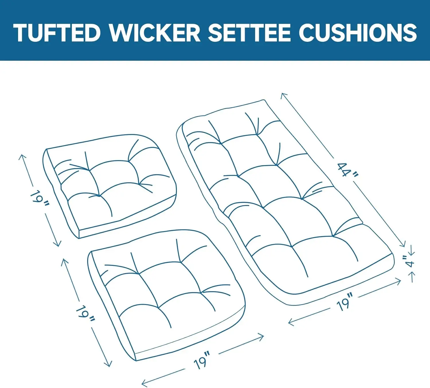 Wicker Chair Cushions Set of 3. Anti-Slip. Waterproof. 5 Inch Extra Thick. Dark Grey. 44x19.