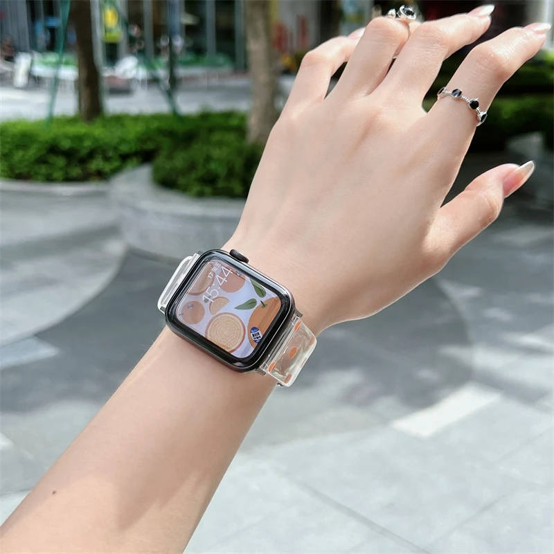 Korean Fruit Print Clear Strap For Apple Watch 41mm 45mm 38mm 