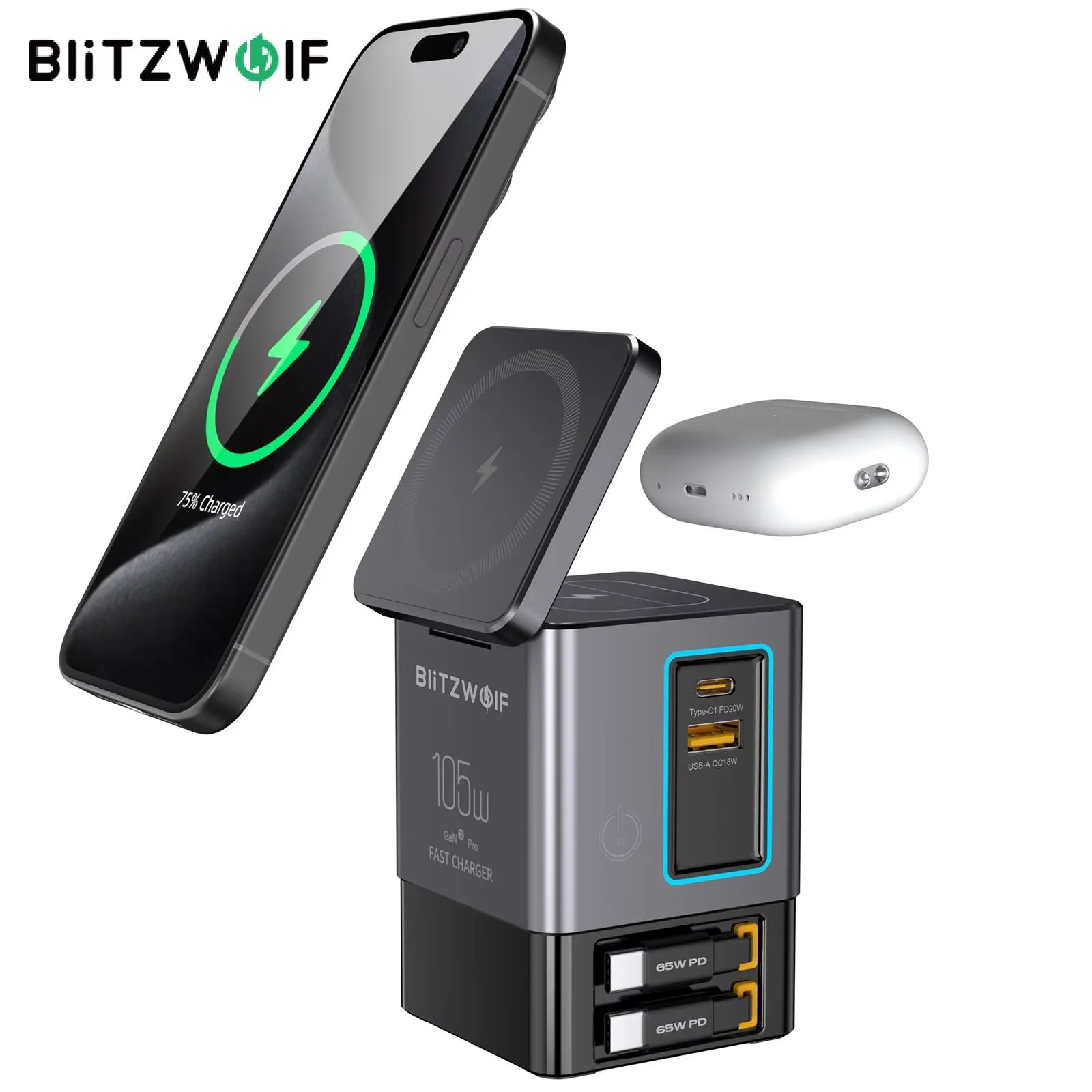 [GaN Tech] Blitzwolf i116 Max 105W Estação de Carregamento de Mesa 6 em 1 com Carregador Duplo Telescópico Integrado Tipo-C+USB-A/C