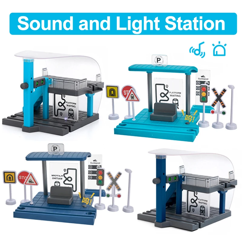 DIY Plastic Sound Light Toy Tram Station Scene Accessories Assembly Building Block Compatible Brand Wooden Railway Train Tracks 3d assembly plastic puzzle diy gun toy 3d printed small pistol toys radish gun diy building blocks model toy for kids