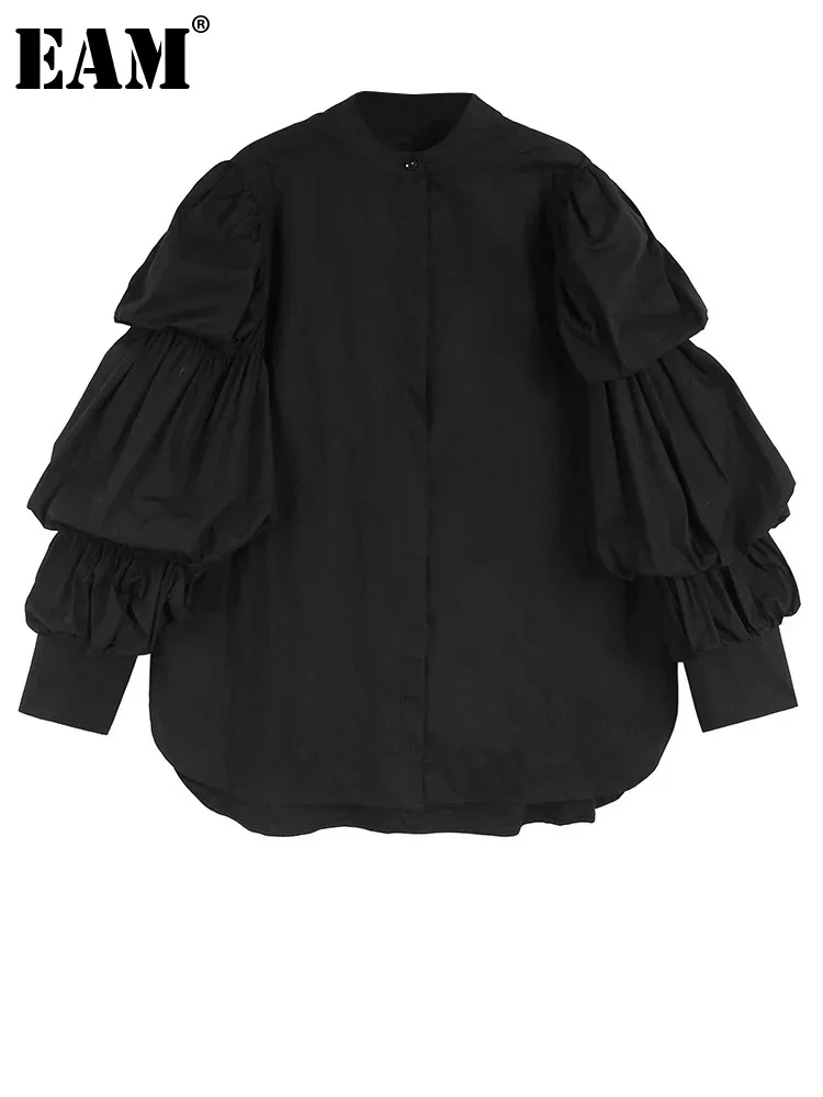 

Женская плиссированная блузка [EAM], черная Элегантная блузка большого размера с воротником-стойкой и длинными пышными рукавами, модная рубашка, весна-осень 2024 1DH4554