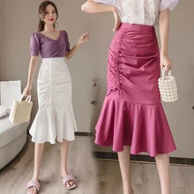 Lucyever Black White Mermaid Skirt for Women Korean Fashion Asymmetrical High-waisted Skirt Woman Drawstring Ruffles Long Skirts