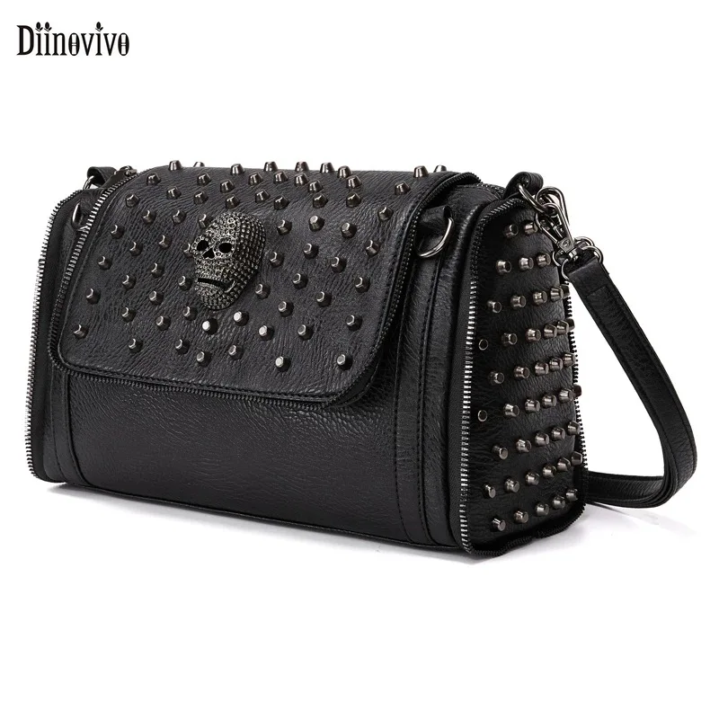 

Diinovivo New Design Women Shoulder Bag PU Leather Crossbody Bags Zipper Rivet Female Handbag Punk Skull Tote Bag Black WHDV2053