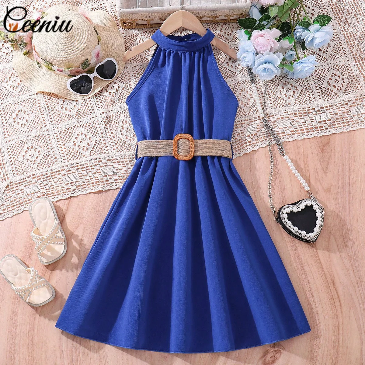 Ceeniu Girls' Sleeveless Halter Party Dress with Belt