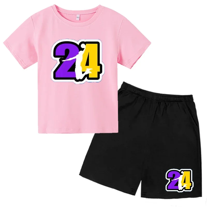 thumbnail image 1 of Conjunto de camiseta de cuello redondo de algodón para niños de verano con 24 mangas cortas y pantalones cortos casuales estampados para niños y niñas de 2 a 12 años, 1 of 5