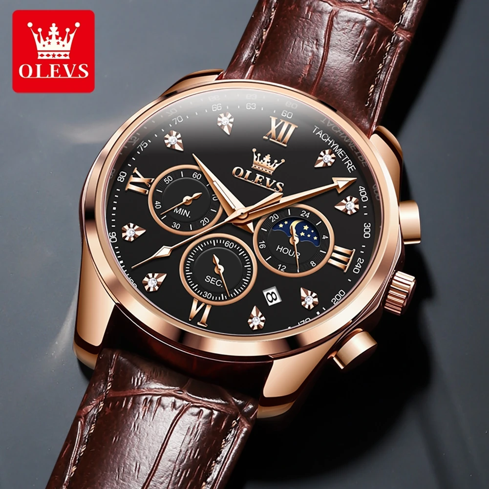 OLEVS New Fashion Quartz Watch for Men Leather Waterproof Sport Chronograph Mens Watches Top Brand Luxury Calendar Wristwatches