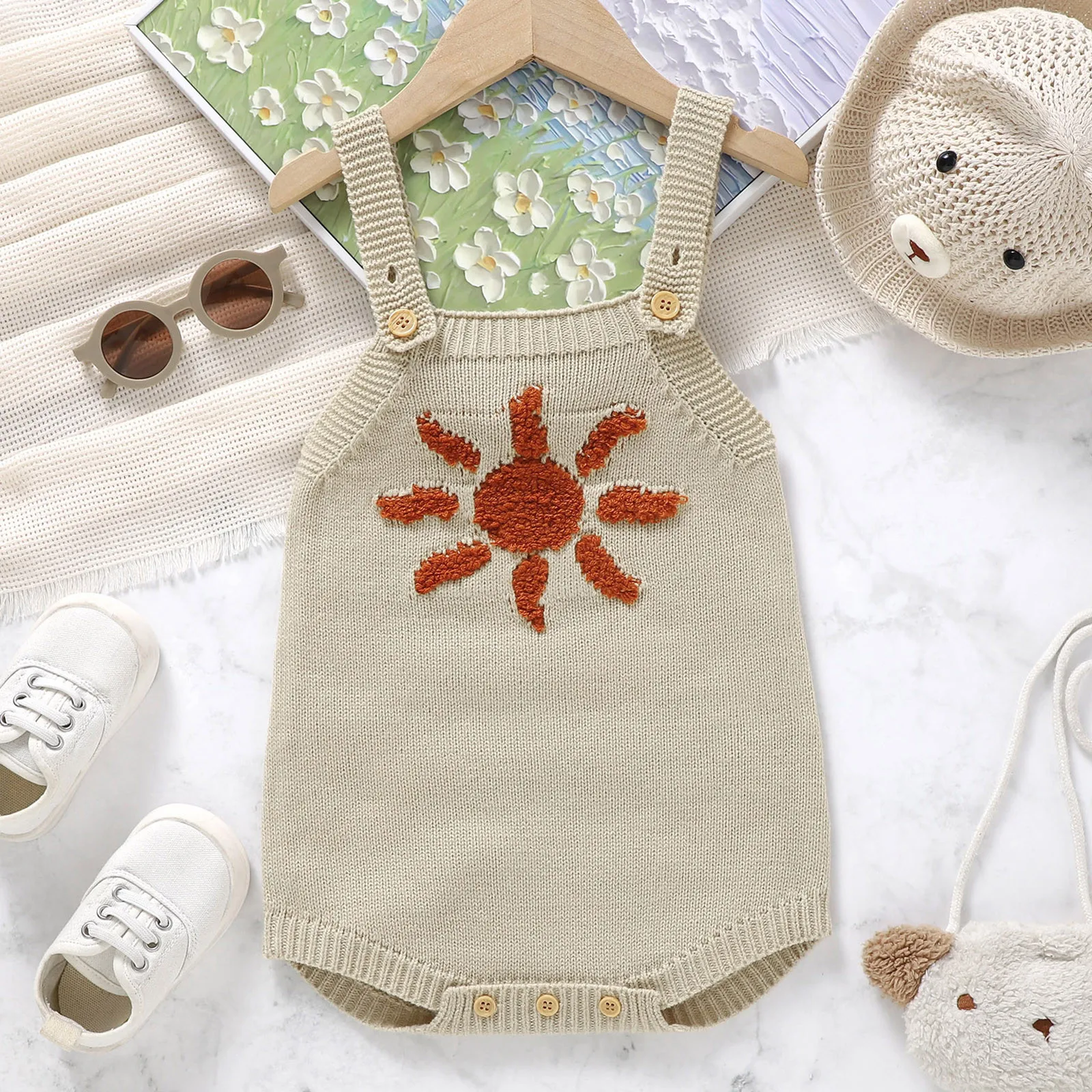 

Newborn Baby Girls Boys Summer Outfit Knit Ribbed Embroidery Sun Romper Jumpsuit Sleeveless Spaghetti Strap Overalls 0-24Months