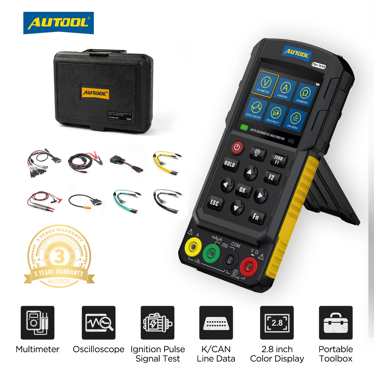 AUTOOL DM303 Multimetro diagnostico per auto Analizzatore motore Oscilloscopio di tensione Test di resistenza diodi Ohmmetro Tester di circuito automatico