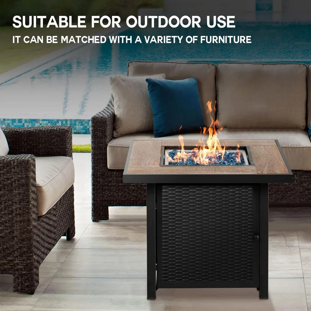 Propane Gas Pit Table, Square Gas Pit with Fire-resistant Glass, Suitable for Outdoor Use, 30 Inch, 50000 BTU