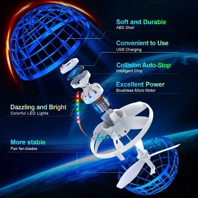 Flying Orb Ball with Dazzling Lights Magic Hover Spinner Cool Boomerang Drone Floating Cosmic Globe Kids Outdoor Toy