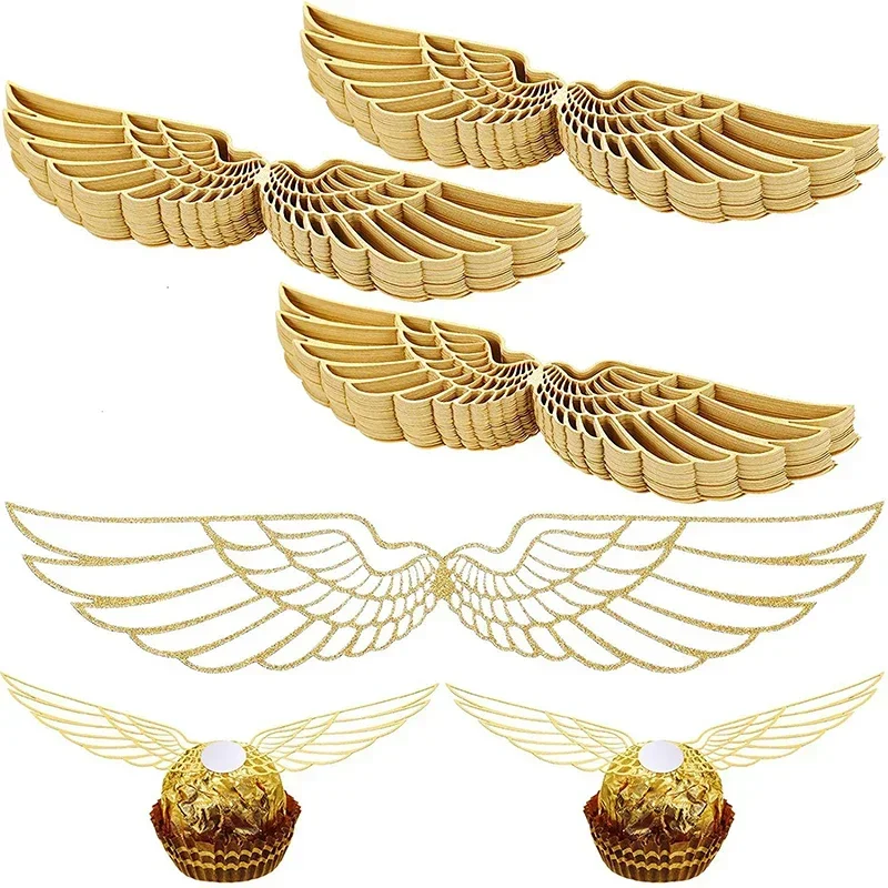 

50pcs Gold Pearl Paper Wizard Party Chocolate Decoration Hollowed Wings Cupcake Supplies Baking Decorating Tools