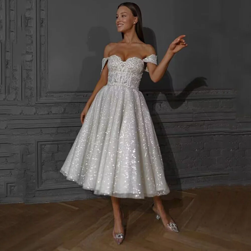 

Vestido de Noiva Curto Modest Shiny Lace Wedding Dress Short Cap Sleeve Tea Length Bride Dresses 2024 Boho Wedding Gowns