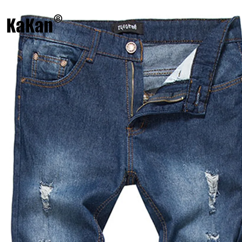 Kakan - New Vintage Distressed Deep Blue Jeans From Europe and America, Men's Wear, Distressed Washed Casual Jeans K35-F112