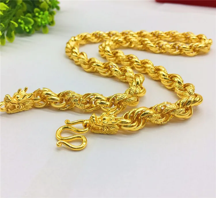 Real 24K Gold Filled Necklace for Men Delicate Twisted Dragon Chain Necklace Wedding Engagement Jewelry Anniversary Gift Male