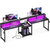98 Inch 2 Person Gaming Desk with Storage Shelves- Long Double Home Office Computer Desks with USB Charging Port & LED Lights 1