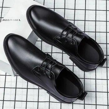 Casual Leather Shoes Men's Best Man Black om Business Formal Soft Bottom Suit Heightening Wedding Derby Shoes British Sle