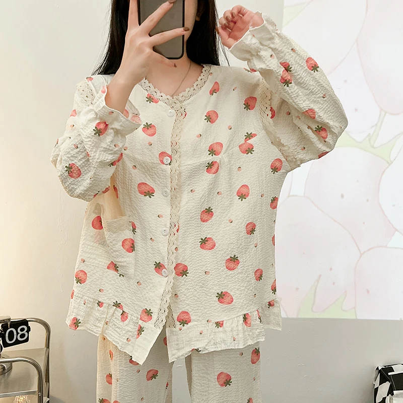 Spring and autumn pajamas women cardigan lace edge girls cute sweet casual long sleeve suit bubble wrinkled cloth home clothes