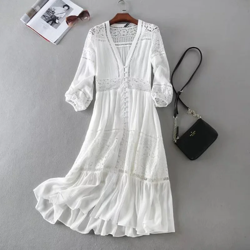 

2023 Summer Women Long Tunic Beach Dress Sundress Long Sleeve White Lace Sexy Boho Maxi Dress Holiday Clothes