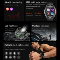 Montre connectée militaire authentique ChiBear pour hommes : batterie 1200 mAh, boussole, GPS, montre de sport et d'extérieur, appel Bluetooth, montre connectée 2026 Nouveauté 2