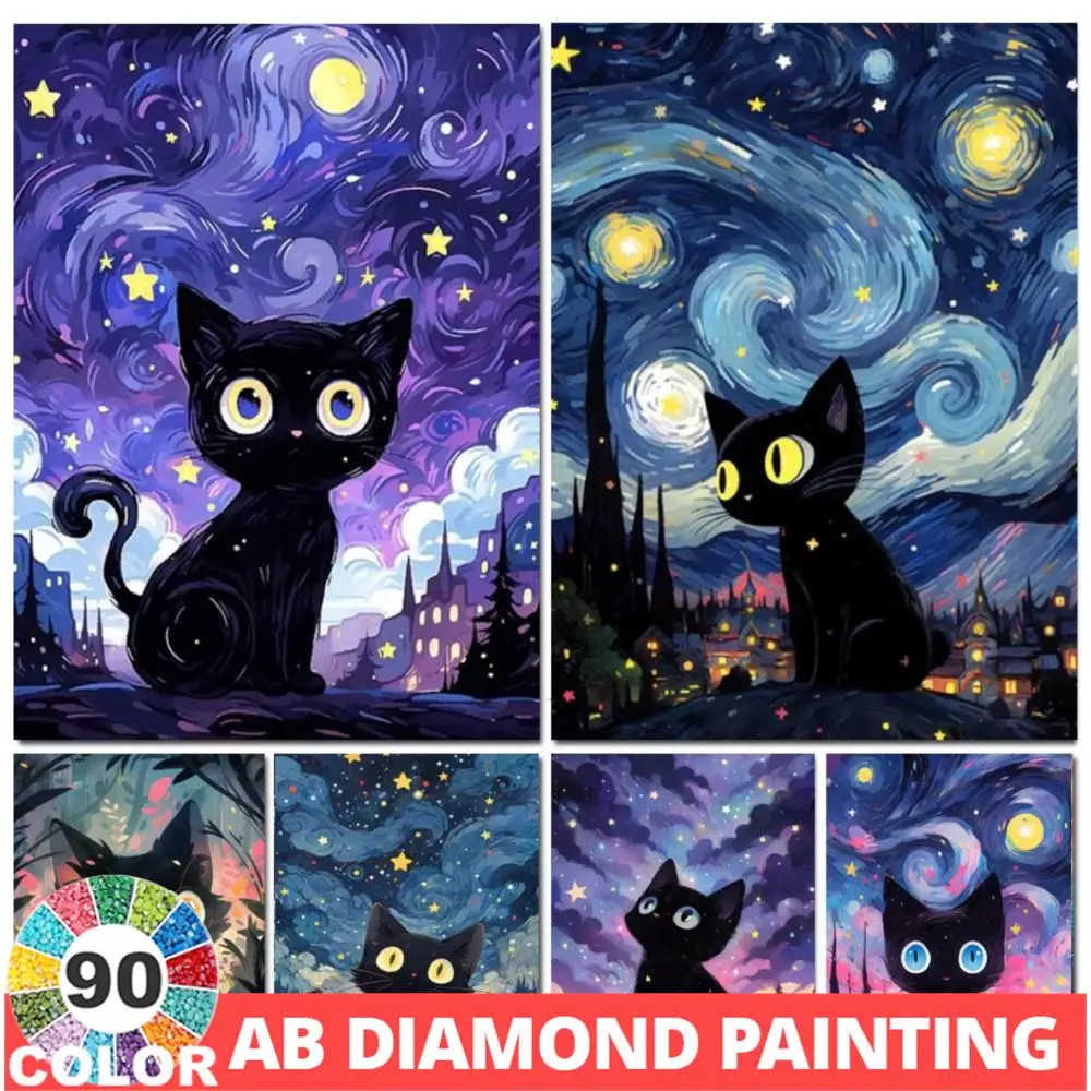 

Алмазная мозаика AB 5D «сделай сам», картина из страз 90 цветов, Набор для вышивки крестиком, с изображением звездного неба и черной кошки, искусственная вышивка, домашний декор