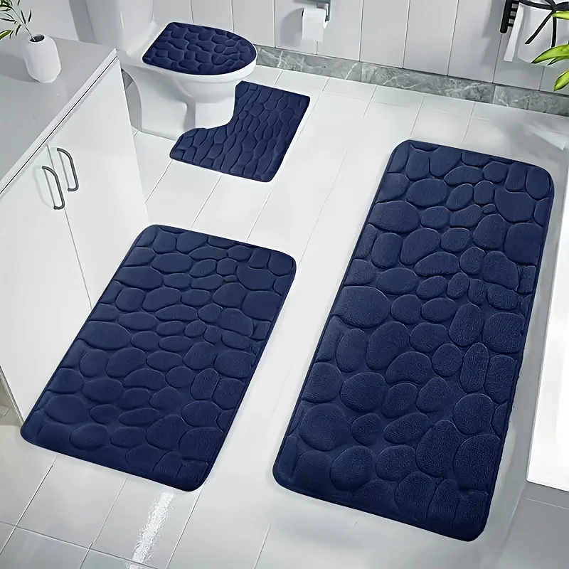 3-Piece Embossed Quick-Dry Bath Mat Set, Non-Slip Soft Memory Foam Bathroom Carpet, Polyester Anti-Fatigue Bath Rug for Floor