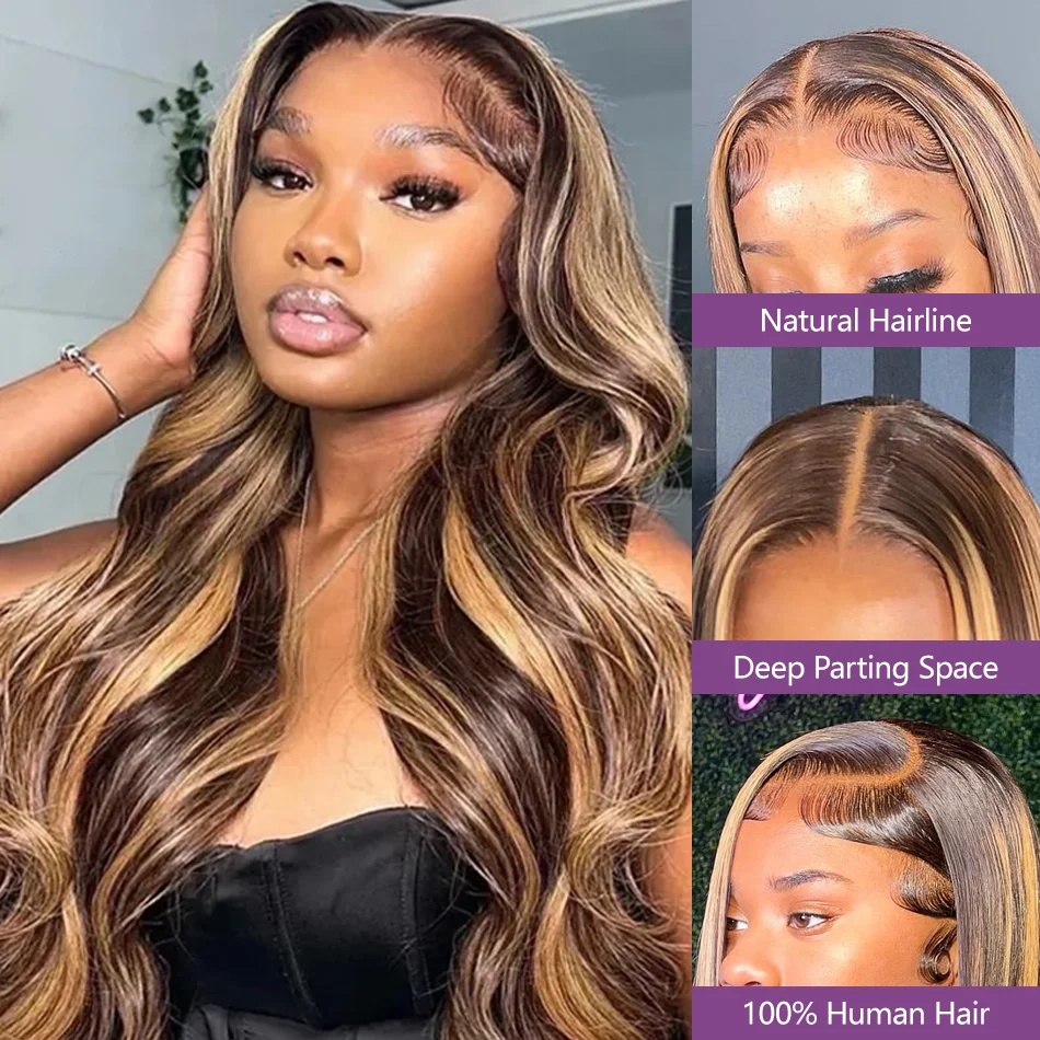 36Inch 1B/30 Highlight Body Wave 13x6 Lace Frontal Human Hair Wigs Ombre Black Brown Colored Preplucked Lace Front Wig For Women