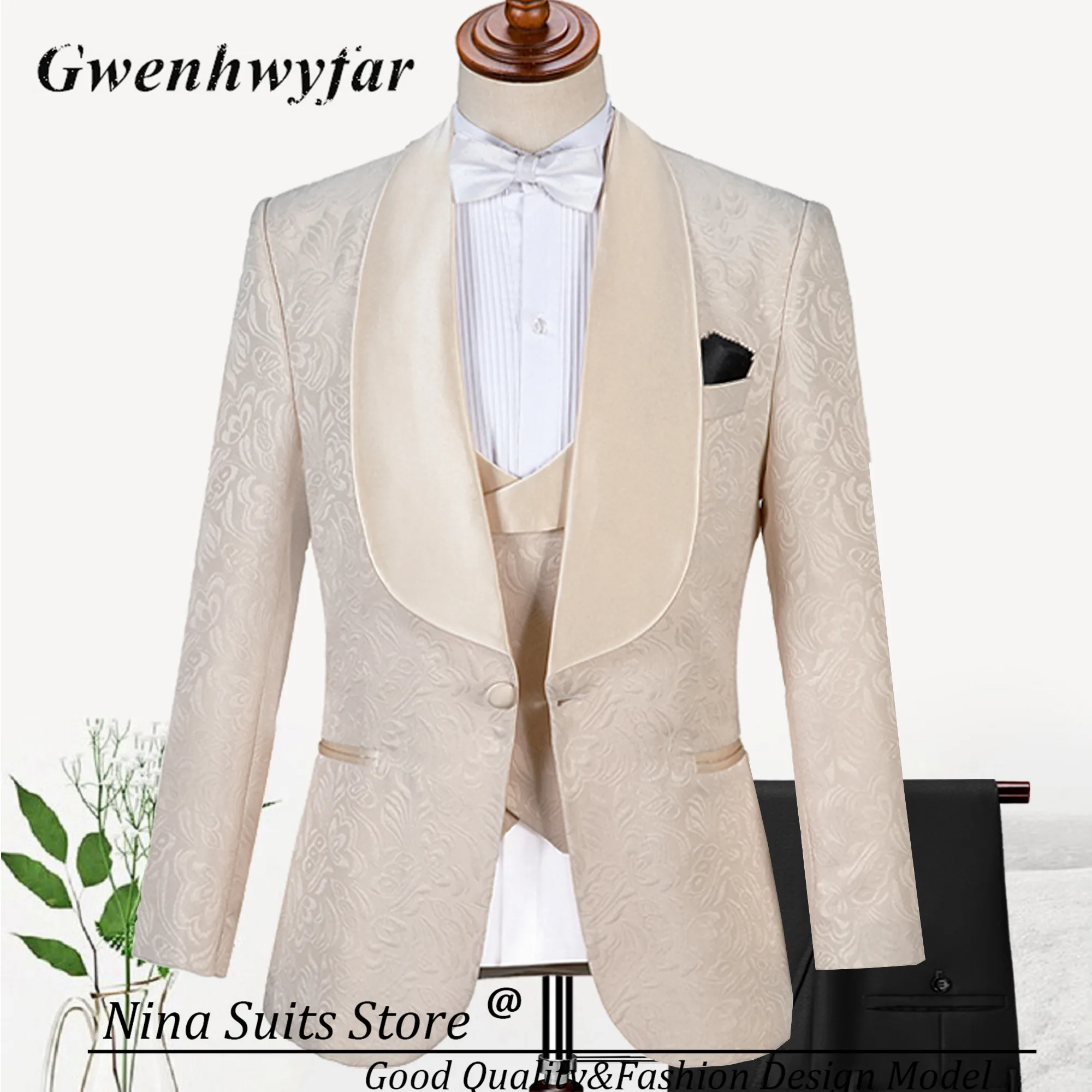 Gwenhwyfar Champagne Paisley Tuxedo Made Men's 3 Pieces Suits Include Jacket Pants Vest Wedding Groom Luxury Costume