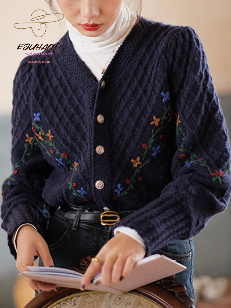 Women's Clothes Brown Sweater Flower Embroidery Outerwear Fashion Vintage  Winter Female Long Sleeve Cardigan Knitting Coat - AliExpress