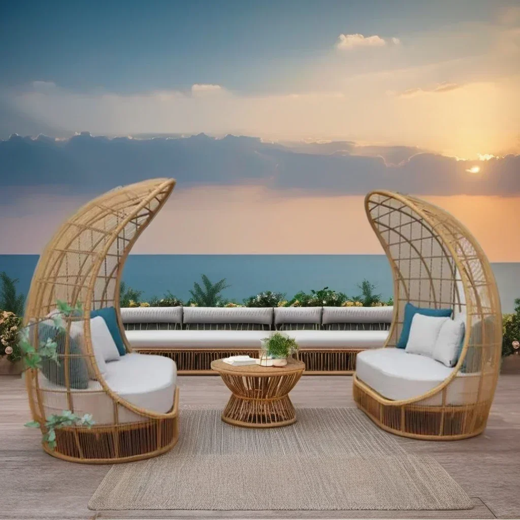 Rattan Outdoor Canopy Furniture Half Moon Rattan Sofa Garden Sets Outdoor Furniture Lounge Garden Sofa
