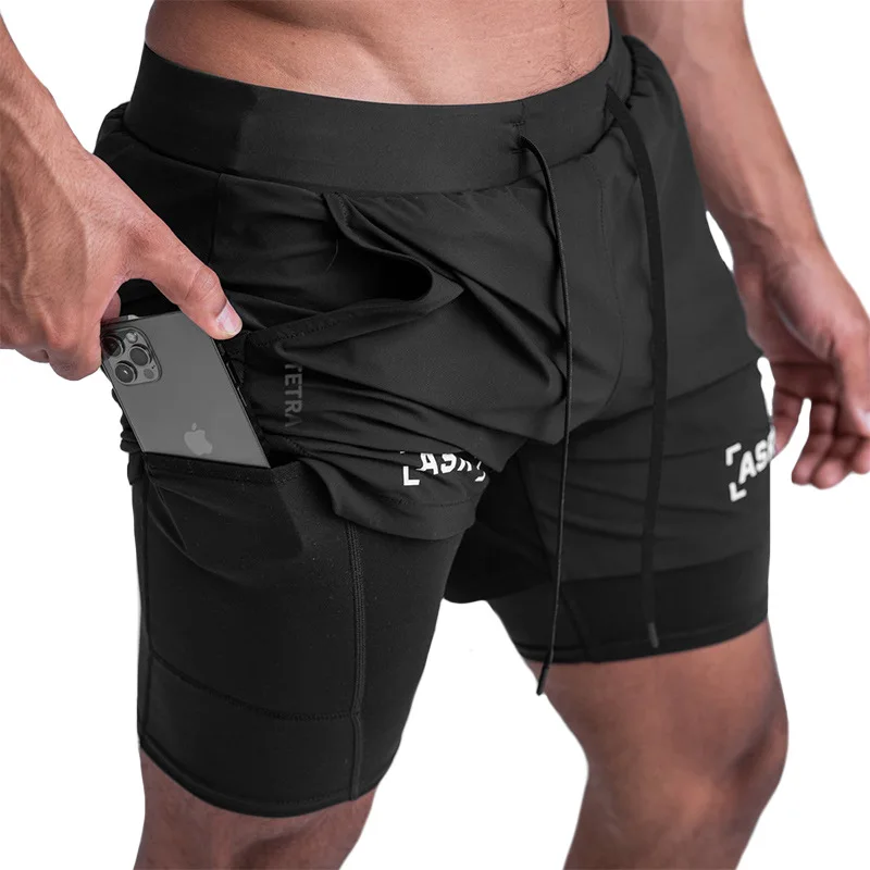Summer Men's Shorts Large Size Polyester Fiber Breathable Loose Double Layer Sports Outdoor Running 5 Point Pants