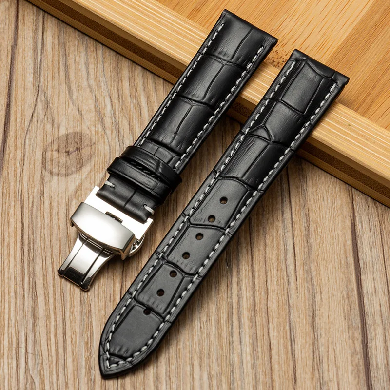 Luxurious Genuine Calfskin Leather Watch Strap with Butterfly Buckle - Available in Multiple Sizes