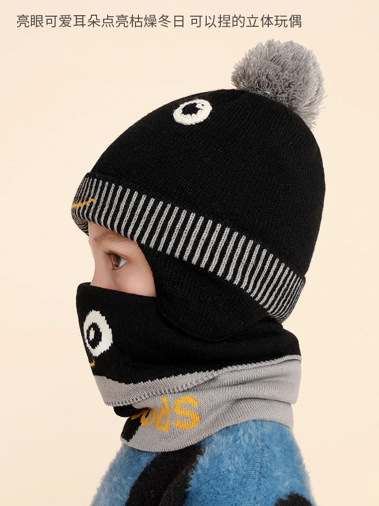 Boys' warm hat and scarf two-piece set outdoor children's cartoon plus velvet knitted hat and scarf set available for