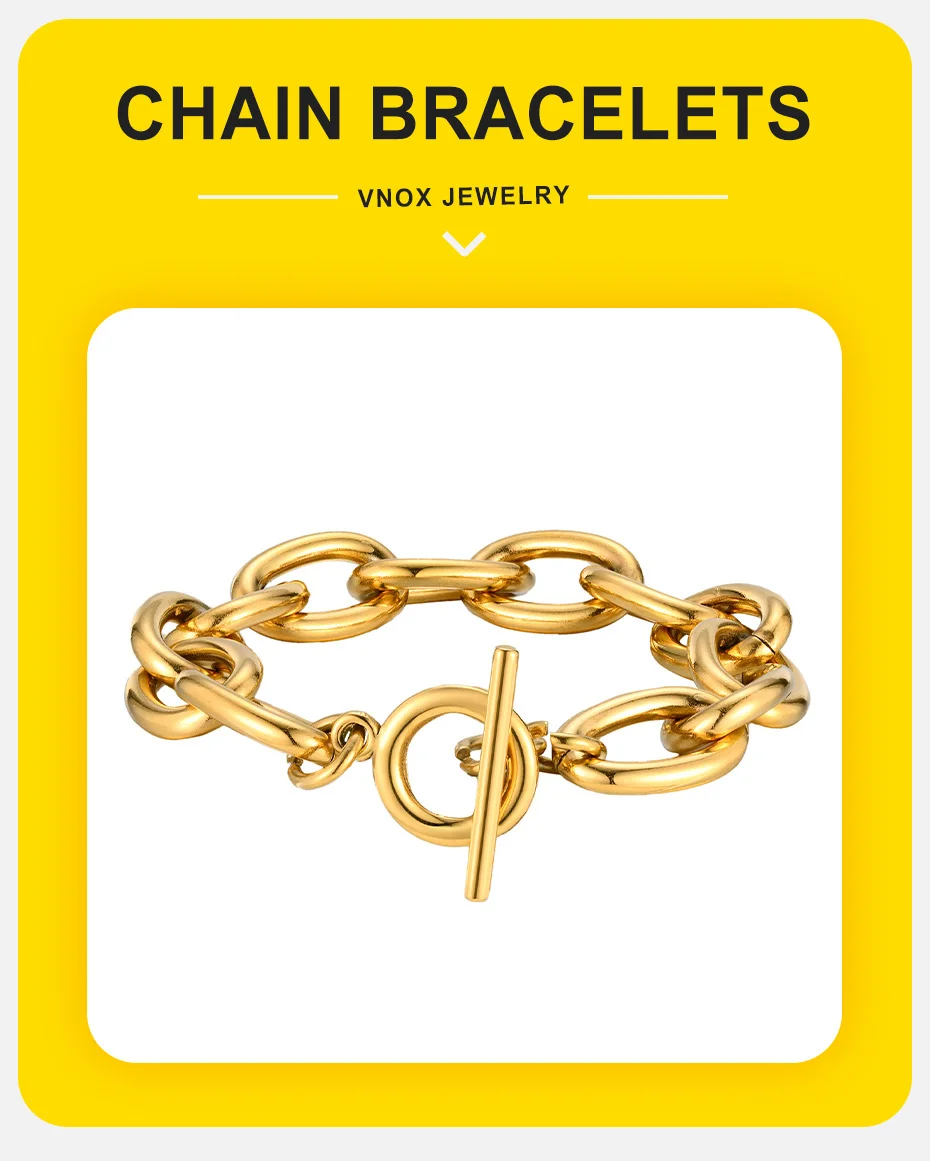 Vnox klobige PVD-Edelstahl-Armbänder mit kräftiger Kabelkette und T-Stangen-Knebelverschluss, modische Armbänder im Ins-Stil – Detail 2