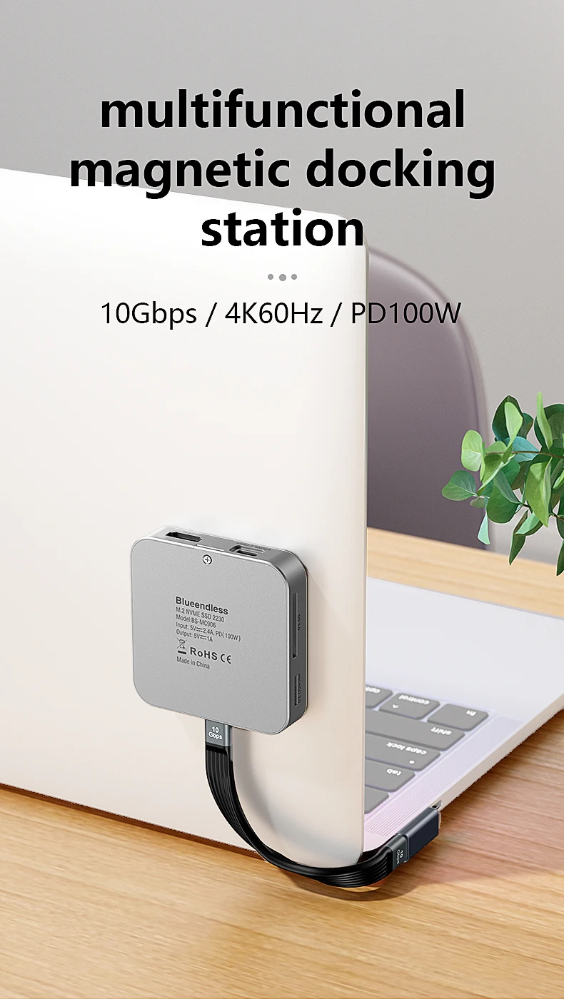 External Hard Drive Case USB-C 3.2 Hub Type-C Multiport Adapter Docking Station 4K60Hz 100W PD SD/TF 3.0 For M.2 NVME 2230 Magnetic SSD Enclosure 10Gbps