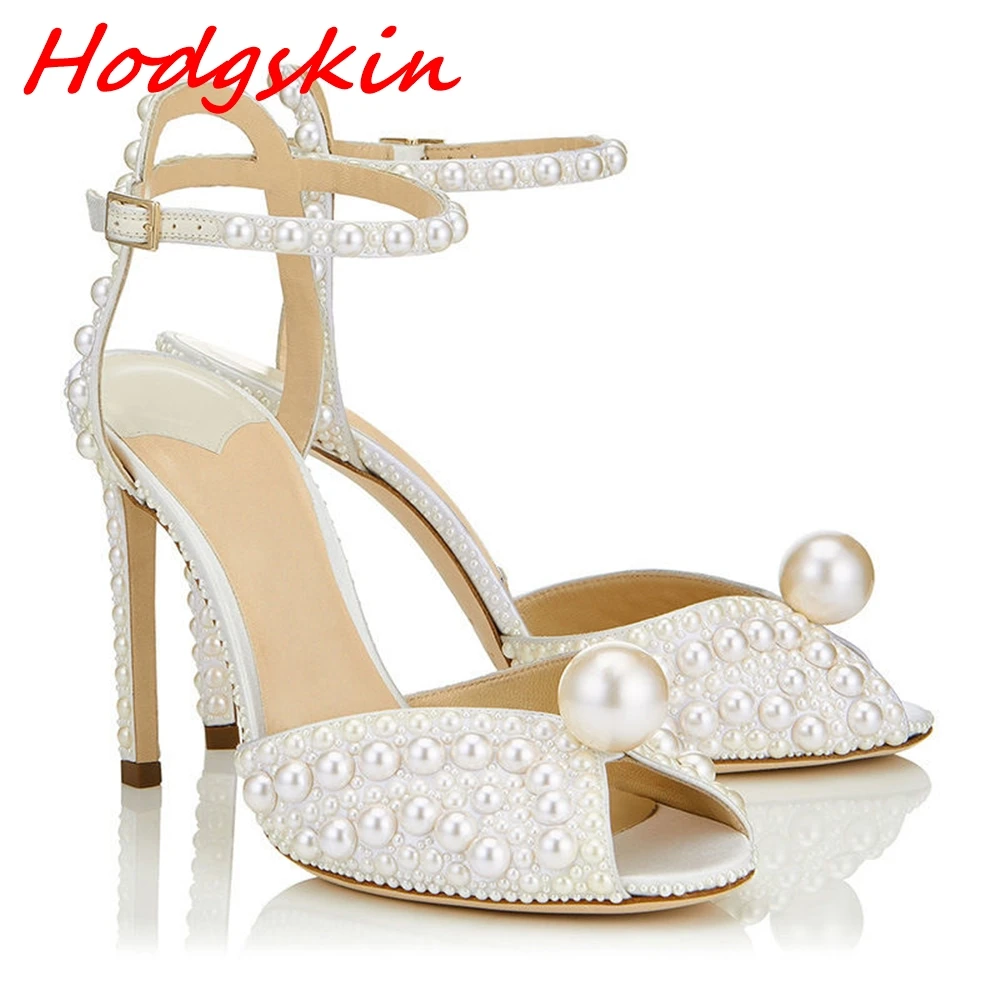 

White Wedding Women Sandals Peep Toe Pearl Ankle Buckle High Stiletto Heels 2024 New Arrivals Summer Elegant Fashion Sandals