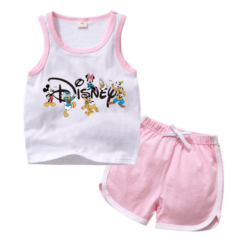 Summer Kids Baby Clothes Set Causal Disney Cartoon Print Sleeveless Baby Tops+Baby Shorts 2pcs Sport Suit Girls Clothing Set newborn baby clothing gift set