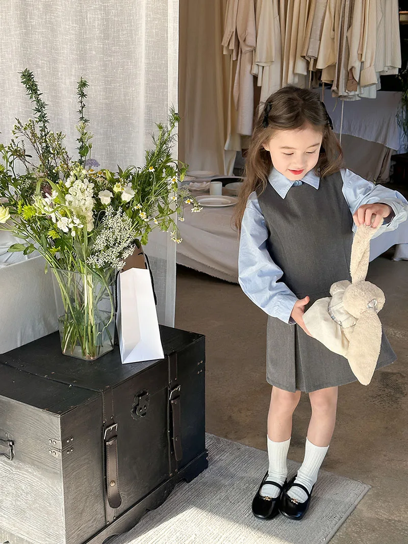 Girls Blue Shirt Grey Vest Dress Autumn Outfit