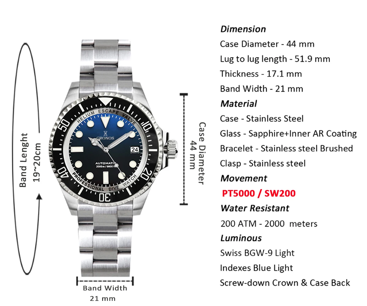 Review: Cronos SS 2000 Meters WR Professional Diver PT5000 SW200