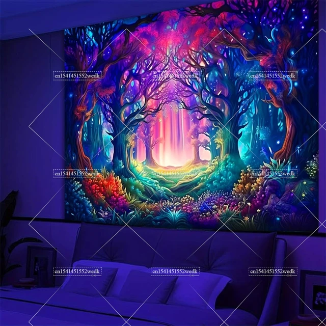 Tapisserie fantaisie forêt à lumière noire, arbre néon réactif aux UV, tapisserie à lumière noire qui brille dans la nuit, décoration murale, arrière-plan de fête 4