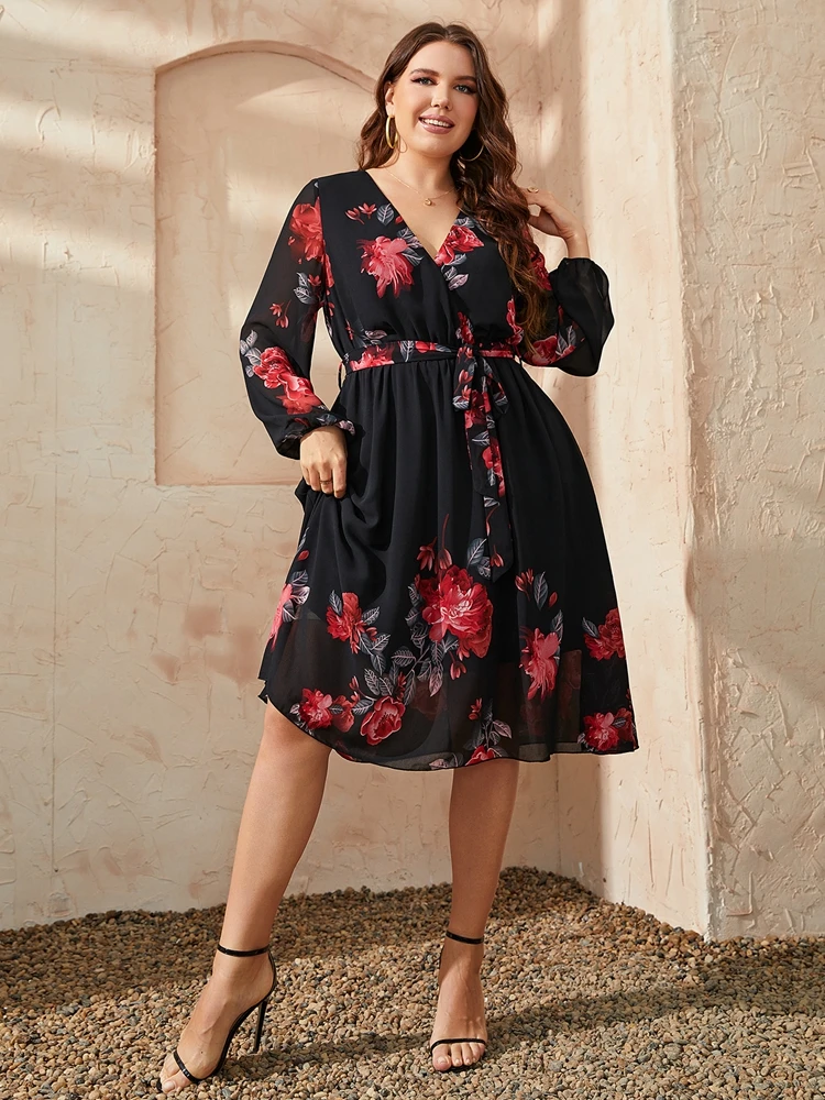 

Spring and Autumn New Plus Size Dress 8XL 7XL 6XL Fashion Ladies Long Sleeve Sexy V-neck Leisure Belt Flower Print Dress