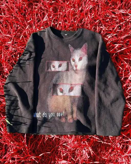 Harajuku Kawaii Cat Pattern Printed Long Sleeved T-shirt Y2K Gothic Fashion Round Neck Oversized Pullover Casual Streetwear 1