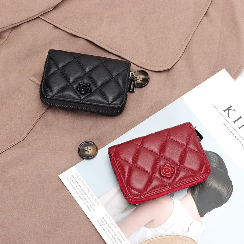 Women Business Card Holder Soft Sheepskin Credit Card Case Zipper Change Pocket Flowers Diamond Money Bag 9 Slots Card Wallet