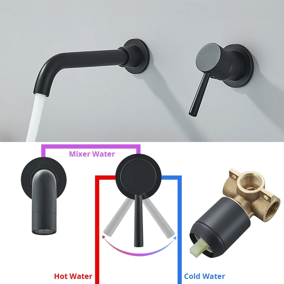 Modern Brass Wall Mounted Bathroom Basin Faucet Concealed Wall Sink 360° Swivel Spout Hot And Cold Water Bathtub Tap