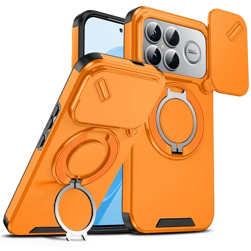 Enhanced Shockproof Hybrid Magnetic Ring Stand Phone Case with Slide Lens Armor Hard Cover